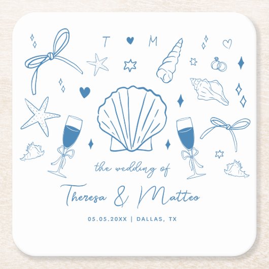 Whimsical Fun Hand Drawn Nautical Coastal Hochzeit Rechteckiger Pappuntersetzer (Vorderseite)
