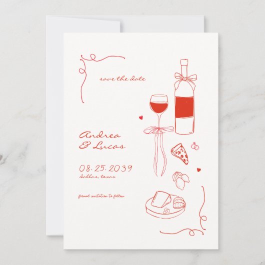 Whimsical Fun Hand Drawn Rahmen Weinpfeifen Hochze Save The Date (Vorderseite)