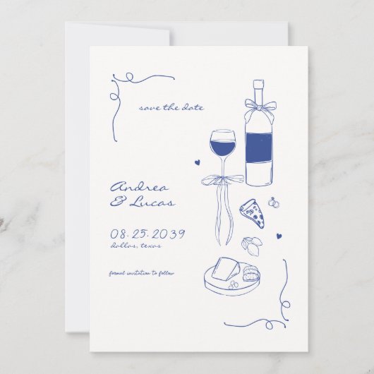 Whimsical Fun Hand Drawn Rahmen Weinpfeifen Hochze Save The Date (Vorderseite)