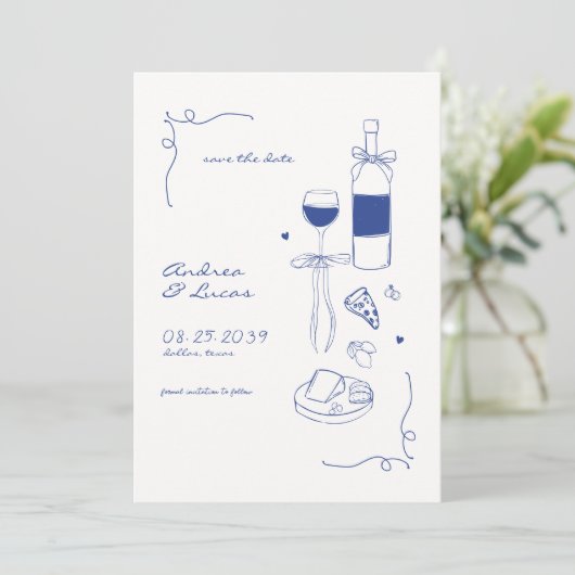 Whimsical Fun Hand Drawn Rahmen Weinpfeifen Hochze Save The Date (Stehend Vorderseite)