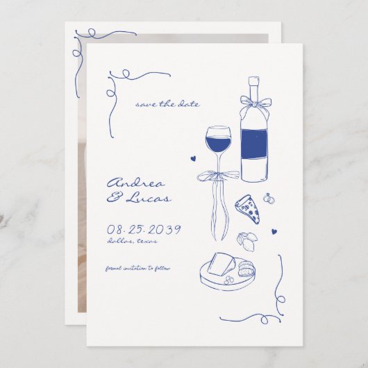 Whimsical Fun Hand Drawn Rahmen Weinpfeifen Hochze Save The Date (Vorne/Hinten)