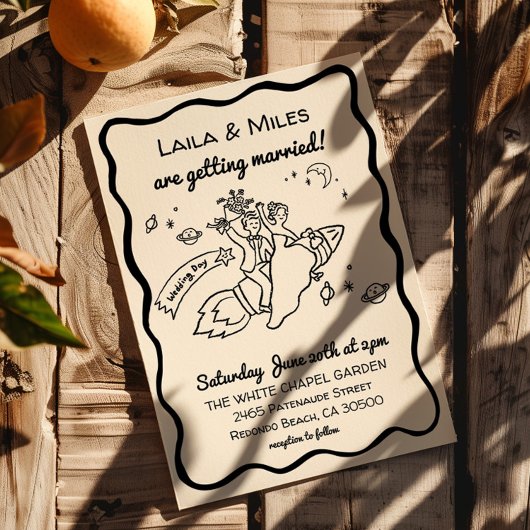 Whimsical fun Rocket wedding invitation Save The Date