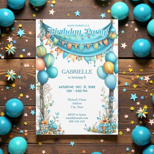 Whimsical Fun Teal Birthday Einladung