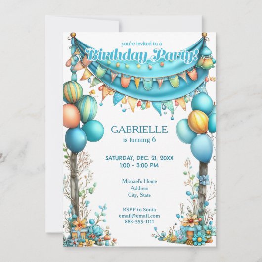 Whimsical Fun Teal Birthday  Einladung (Vorderseite)