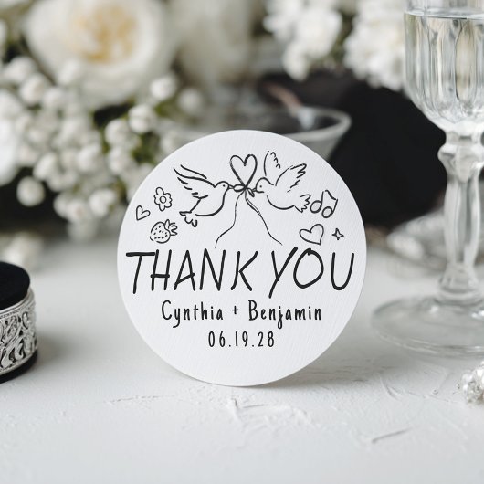 Whimsical Funky Cute Hand Drawn Wedding Thank You Runder Aufkleber
