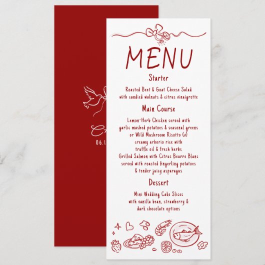 Whimsical Funky Decor Handwritten Red Wedding Menu Menükarte (Vorne/Hinten)