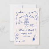 Whimsical Funky Hand Drawn Blue Wedding Foto Save The Date (Vorderseite)