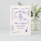 Whimsical Funky Hand Drawn Blue Wedding Foto Save The Date (Stehend Vorderseite)