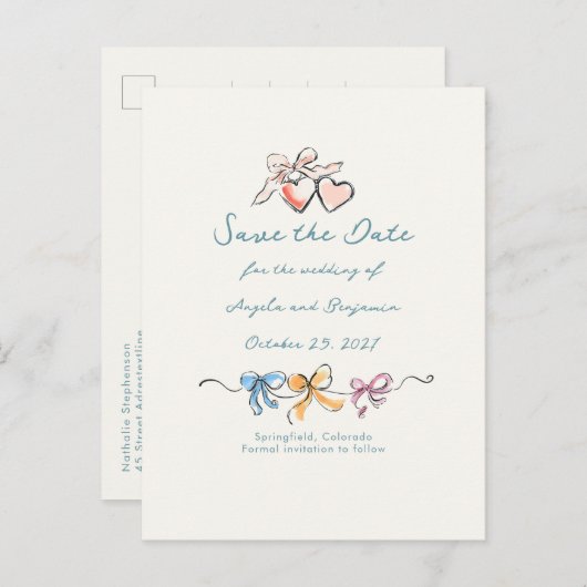 Whimsical Funky Hand Drawn Bows Save The Date Ankündigungspostkarte (Vorne/Hinten)