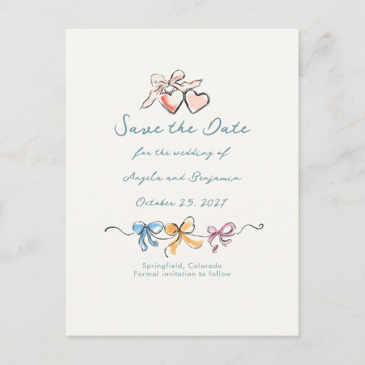 Whimsical Funky Hand Drawn Bows Save The Date Ankündigungspostkarte (Vorderseite)