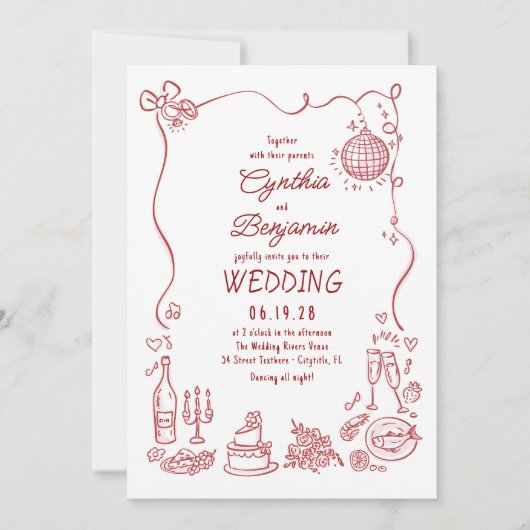 Whimsical Funky Hand Drawn Burgundy Retro Wedding Einladung (Vorderseite)