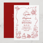 Whimsical Funky Hand Drawn Burgundy Retro Wedding Einladung (Vorne/Hinten)