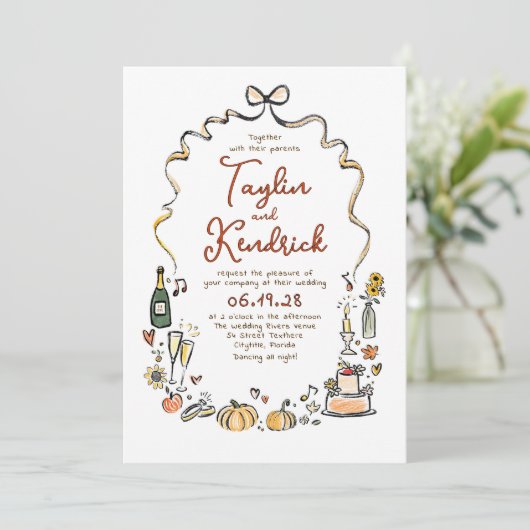 Whimsical Funky Hand Drawn Doodles Fall Wedding Einladung (Stehend Vorderseite)