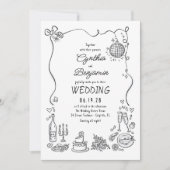 Whimsical Funky Hand Drawn Doodles Retro Hochzeit Einladung (Vorderseite)