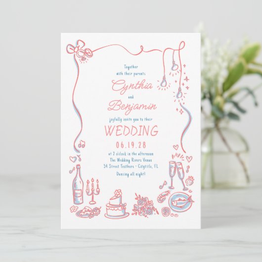 Whimsical Funky Hand Drawn Doodles Wedding Einladung (Stehend Vorderseite)