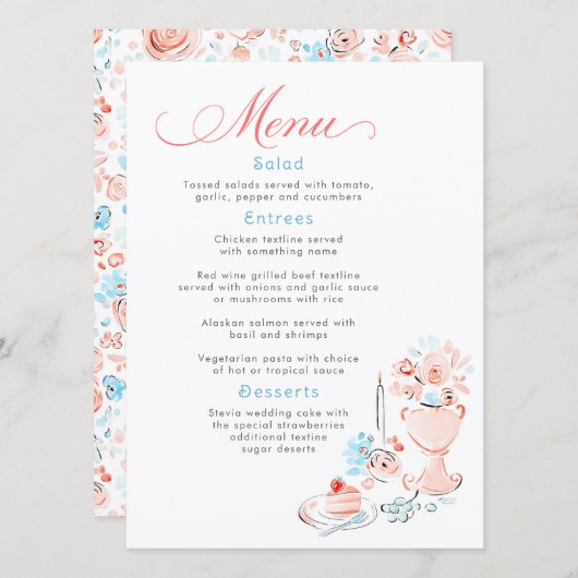 Whimsical Funky Hand Drawn Dusty Blue Wedding Menu Menükarte (Vorne/Hinten)
