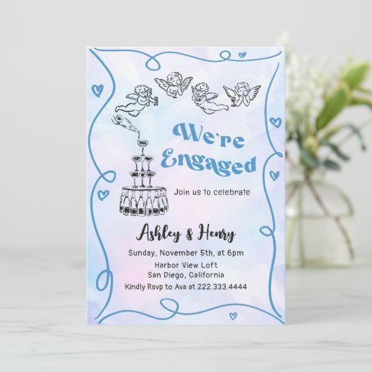 Whimsical Funky Hand Drawn Engagement Party Einladung (Stehend Vorderseite)