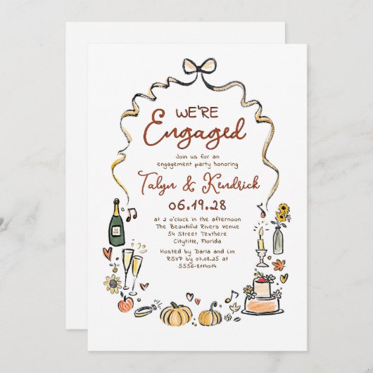 Whimsical Funky Hand Drawn Fall Engagement Party Einladung (Vorne/Hinten)