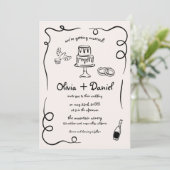 Whimsical Funky Hand Drawn Foto QR Code Wedding Einladung (Stehend Vorderseite)