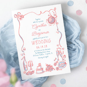 Whimsical Funky Hand Drawn Pink Blue Wedding Einladung