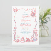 Whimsical Funky Hand Drawn Pink Blue Wedding Einladung (Stehend Vorderseite)