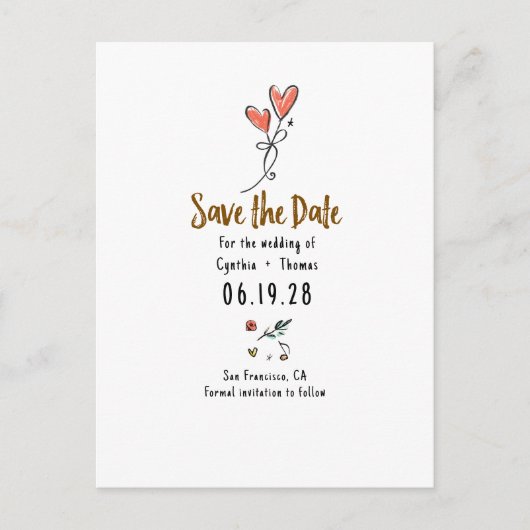 Whimsical Funky Hand Drawn Save the Date Ankündigungspostkarte (Vorderseite)