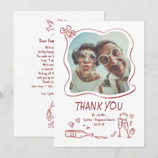 Whimsical Funky Hand Drawn Wedding Photo Dankeskarte (Vorne/Hinten)