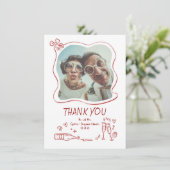 Whimsical Funky Hand Drawn Wedding Photo Dankeskarte (Stehend Vorderseite)