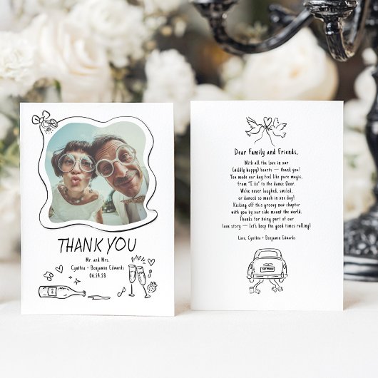 Whimsical Funky Hand Drawn Wedding Photo Dankeskarte