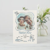 Whimsical Funky Hand Drawn Wedding Photo Dankeskarte (Stehend Vorderseite)