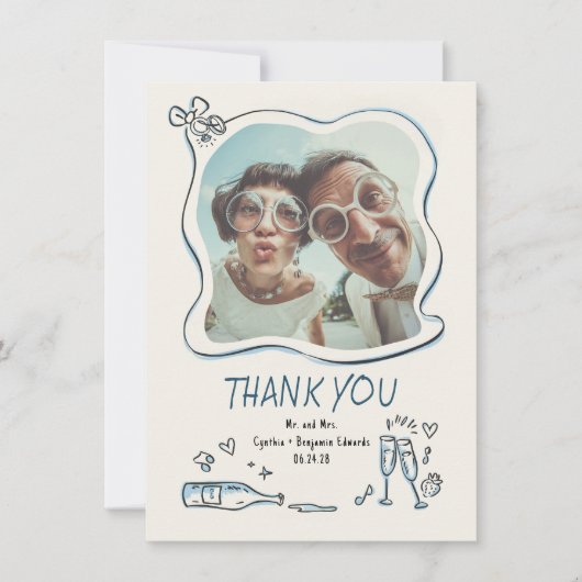 Whimsical Funky Hand Drawn Wedding Photo Dankeskarte (Vorderseite)
