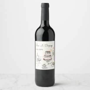 Whimsical Funky Hand Drawn Wedding Wine Label Weinetikett