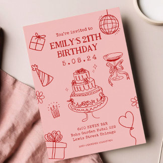 Whimsical Funky Quirky Hand Zeichnend Geburtstag Einladung