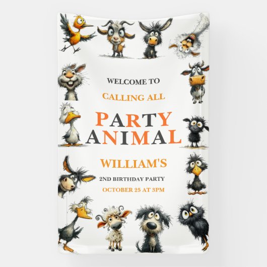 Whimsical Funny Animals 2nd Birthday Party Banner (Vertikal)