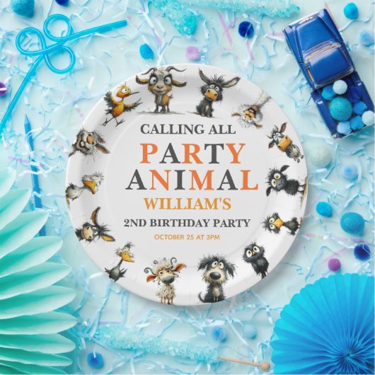 Whimsical Funny Animals 2nd Birthday Party Pappteller (Party)