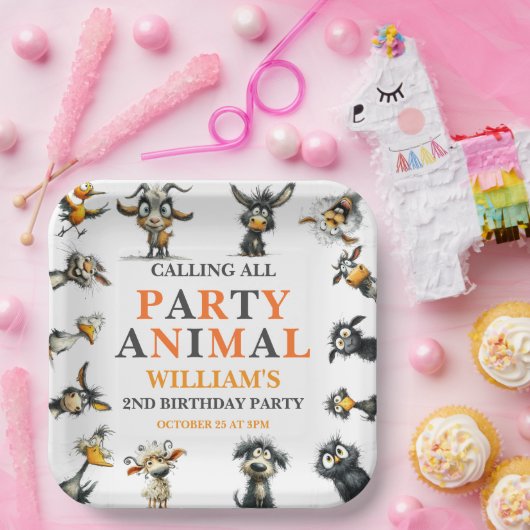 Whimsical Funny Animals 2nd Birthday Party Pappteller (Party)