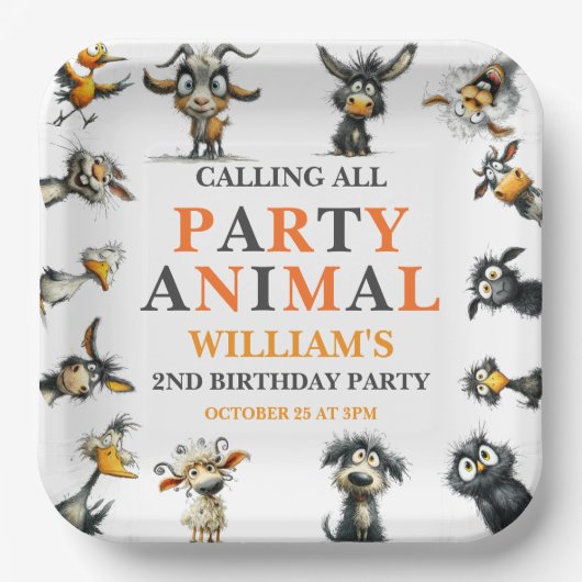 Whimsical Funny Animals 2nd Birthday Party Pappteller (Vorderseite)