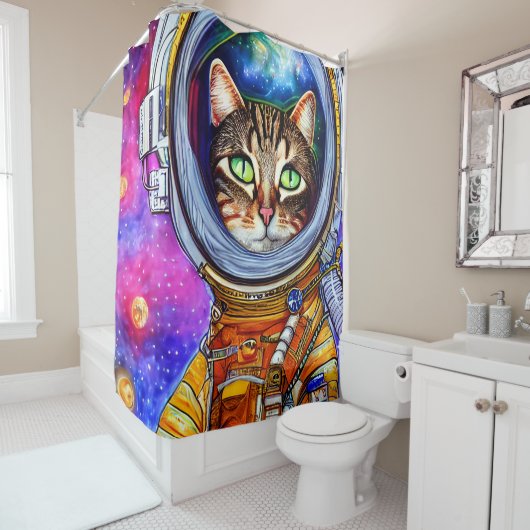 Whimsical Funny Astronaut Cat Duschvorhang (Beispiel)