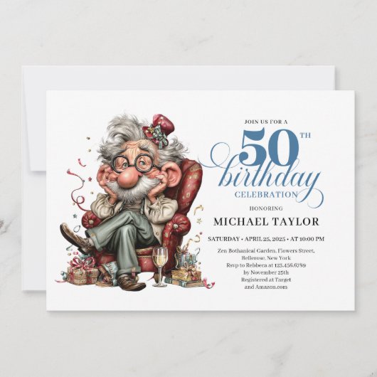 Whimsical Funny Man 50 Party Milestone Invitation Einladung (Vorderseite)