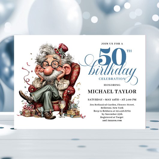 Whimsical Funny Man 50 Party Milestone Invitation Einladung