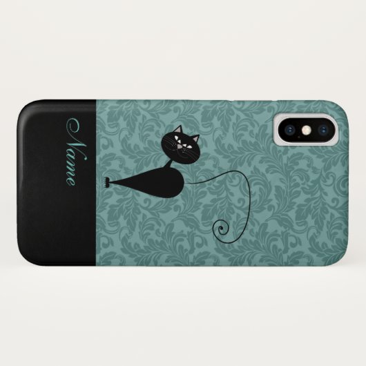 Whimsical Funny trendy Black Cat Damask Case-Mate iPhone Hülle (Rückseite (Horizontal))