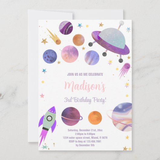 Whimsical Galaxy Thema für Kinder Einladung (Vorderseite)