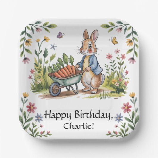 Whimsical Garden Bunny Boy Birthday Bash Pappteller (Vorderseite)