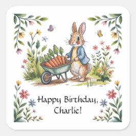 Whimsical Garden Bunny Boy Birthday Bash Quadratischer Aufkleber