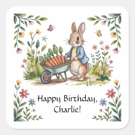 Whimsical Garden Bunny Boy Birthday Bash Quadratischer Aufkleber (Vorderseite)