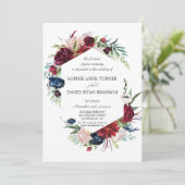 Whimsical Garden Burgundy Blue Flowers Hochzeit Einladung (Stehend Vorderseite)