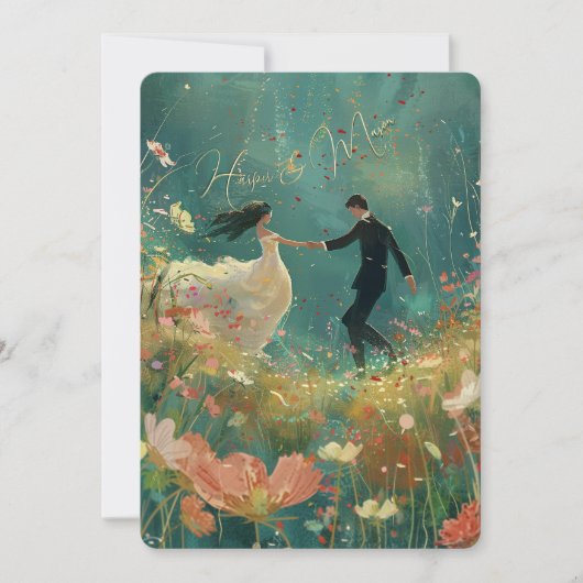 Whimsical Garden Dance - Aquamarine Hochzeit und K Einladung (Vorderseite)