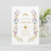 Whimsical Garden Gold Quinceñera Einladungen (Stehend Vorderseite)