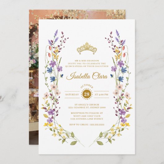 Whimsical Garden Gold Quinceñera Einladungen (Vorne/Hinten)
