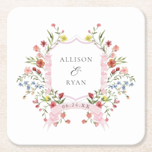 Whimsical Garden Wedding Wappen Monogram Rechteckiger Pappuntersetzer (Vorderseite)